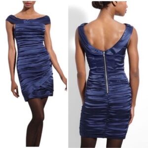 Alice + Olivia Navy Aliska Ruched Satin Dress